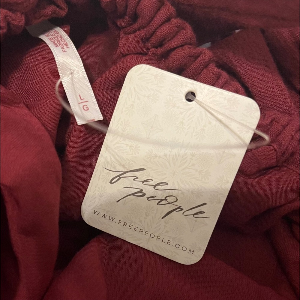 Free People Wine Red Babydoll Mini Dress Puff Sleeve Open Back L NWT 100% Cotton - Picture 9 of 10